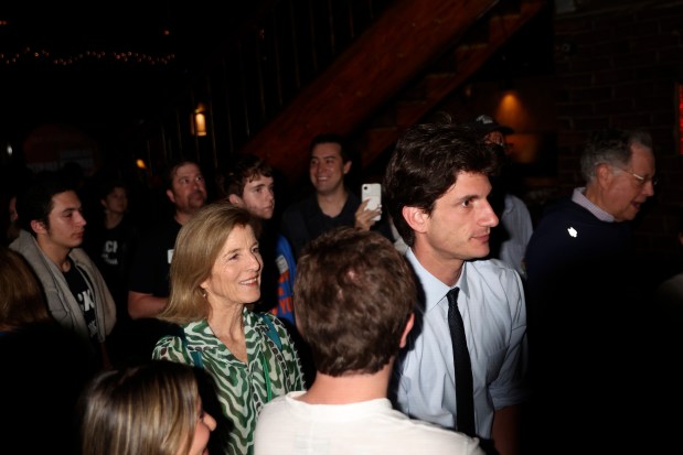 Democratic congressional candidate Jack Schlossberg and his mother Caroline Kennedy arrive greets supports upon arrival for an election night watch party Tuesday, June 23, 2026, in New York. (AP Photo/Heather Khalifa)