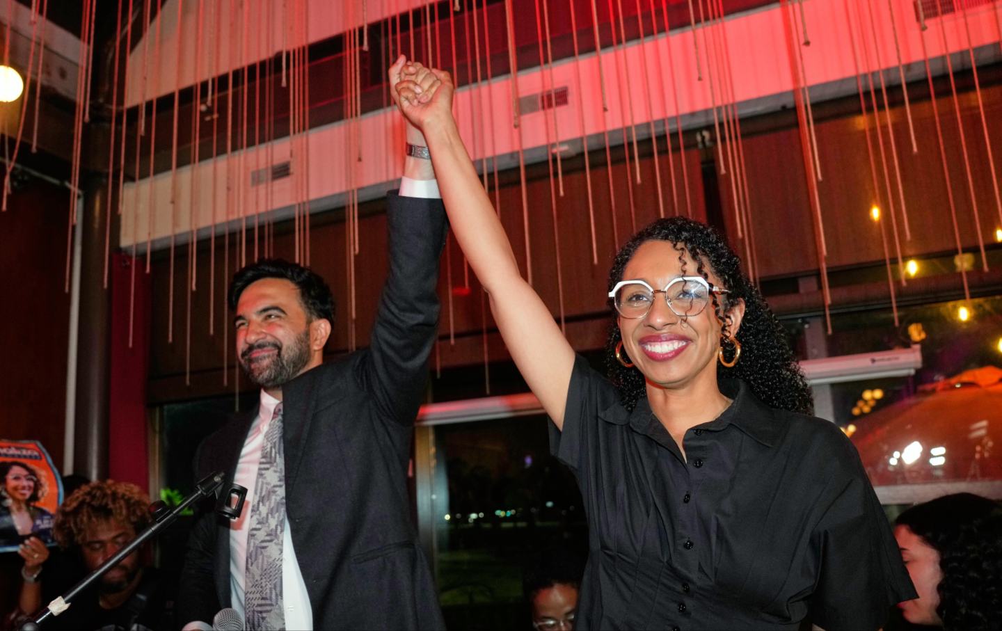 New York City Mayor Zohran Mamdani celebrates with Democratic congressional candidate Darializa Avila Chevalier during an election night watch party Tuesday, June 23, 2026, in New York.