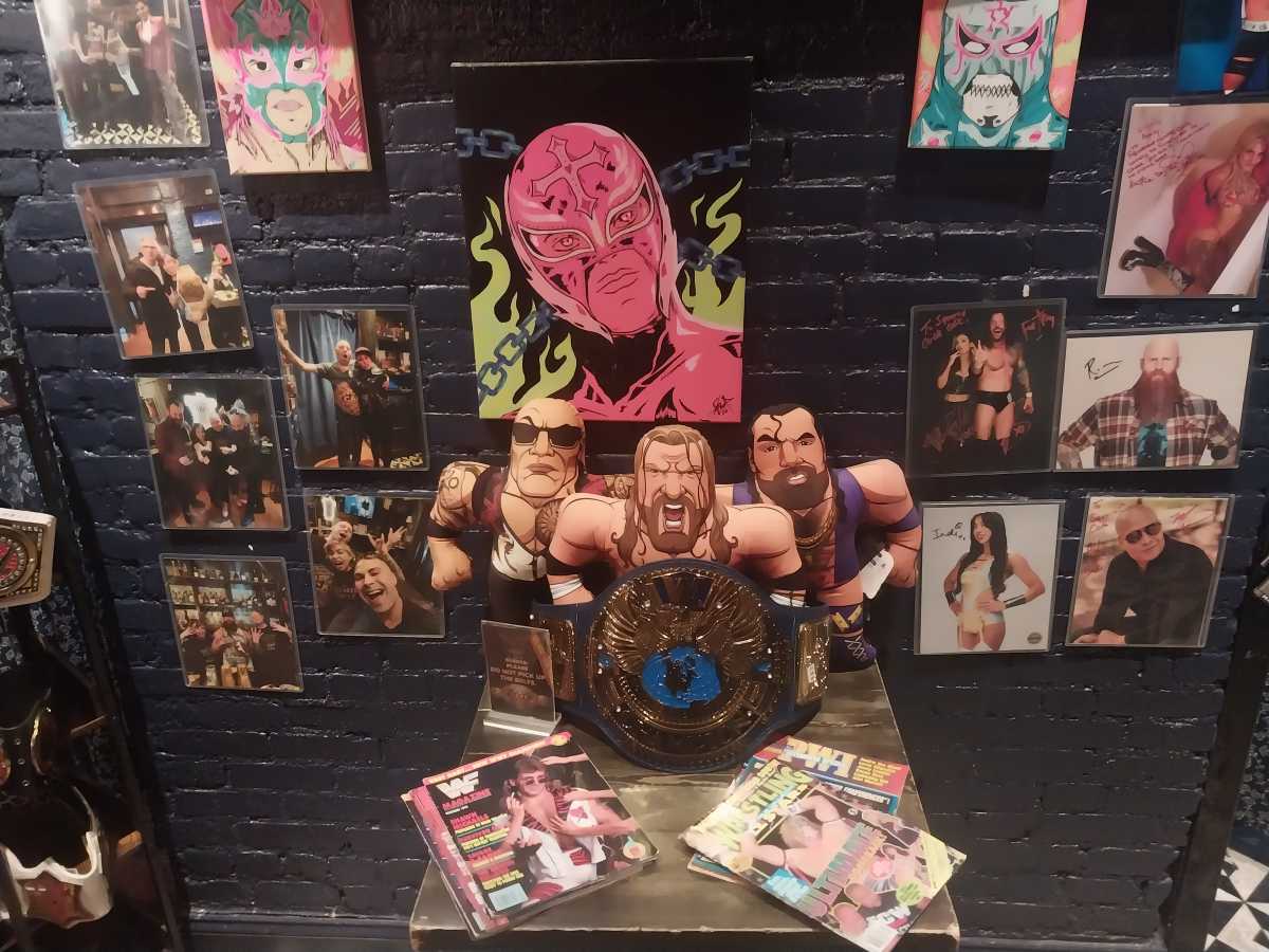 Wrestling figures on display at the Squared Circle Cafe.