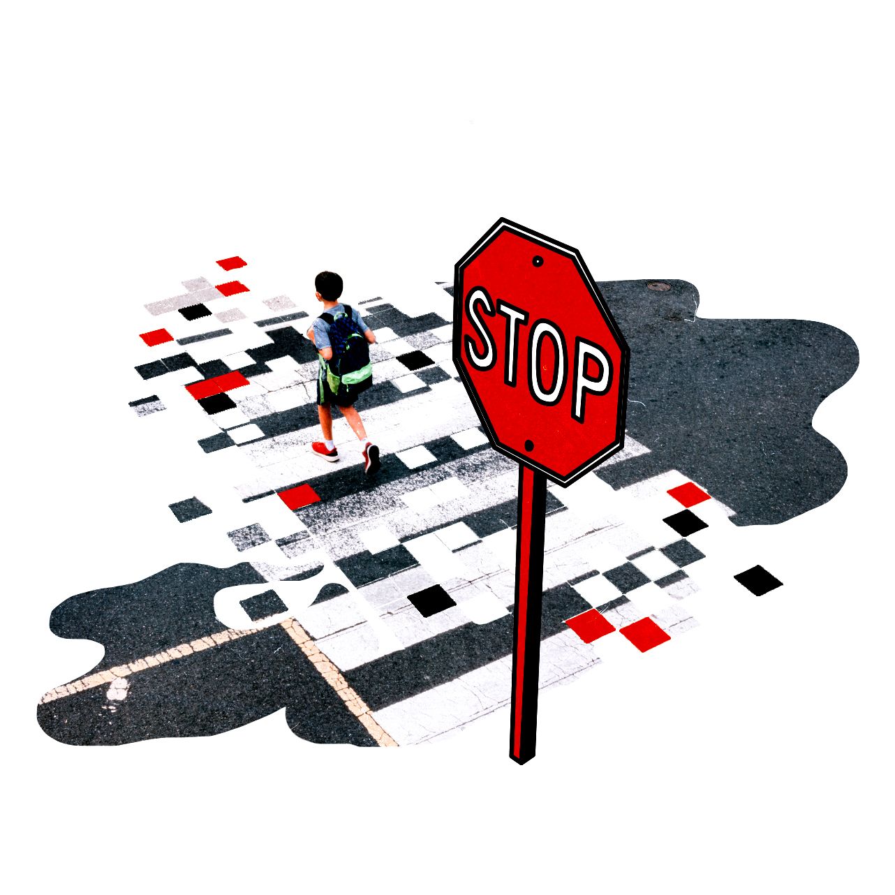 Image may contain Sign Symbol Child Person Road Sign Clothing Footwear Shoe Stopsign and Road