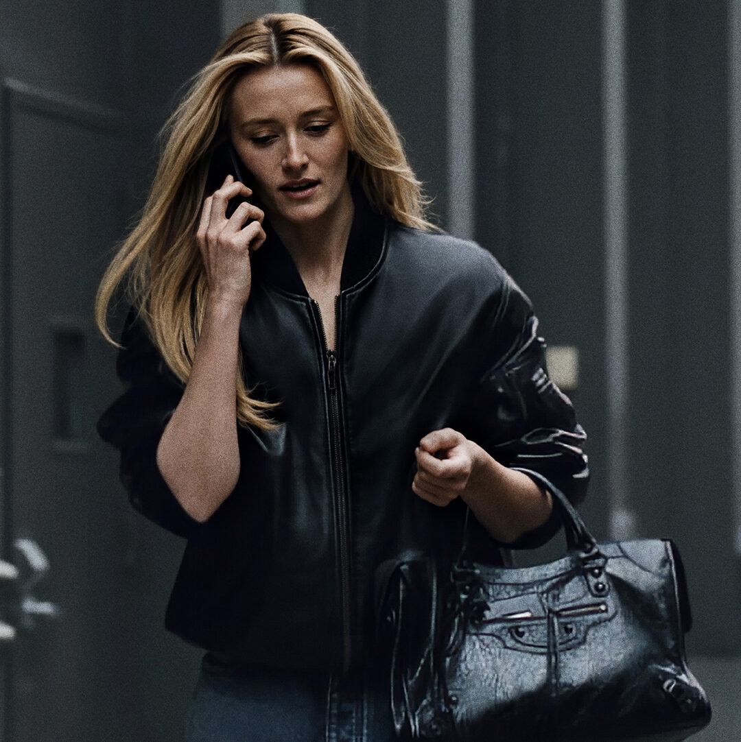 Love Story actress Sarah Pidgeon in the Fall 26 Balenciaga campaign, A New York Minute: Keep Rolling, directed by Past Lives and Materialists creator Celine Song, with the Balenciaga Le City Bag.