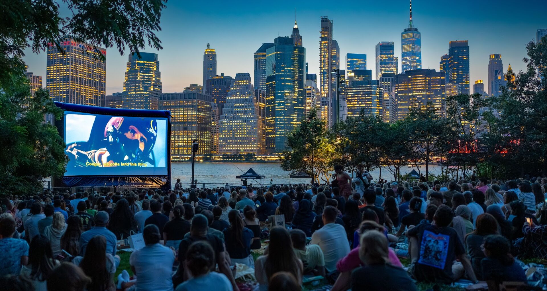 The “Movies with a View” film series always draws a crowd to Brooklyn Bridge Park. Here, moviegoers watch “Top Gun.” Photo: John Eng/Brooklyn Bridge Park