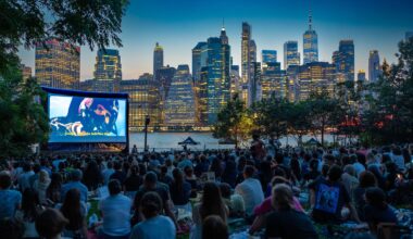 The “Movies with a View” film series always draws a crowd to Brooklyn Bridge Park. Here, moviegoers watch “Top Gun.” Photo: John Eng/Brooklyn Bridge Park