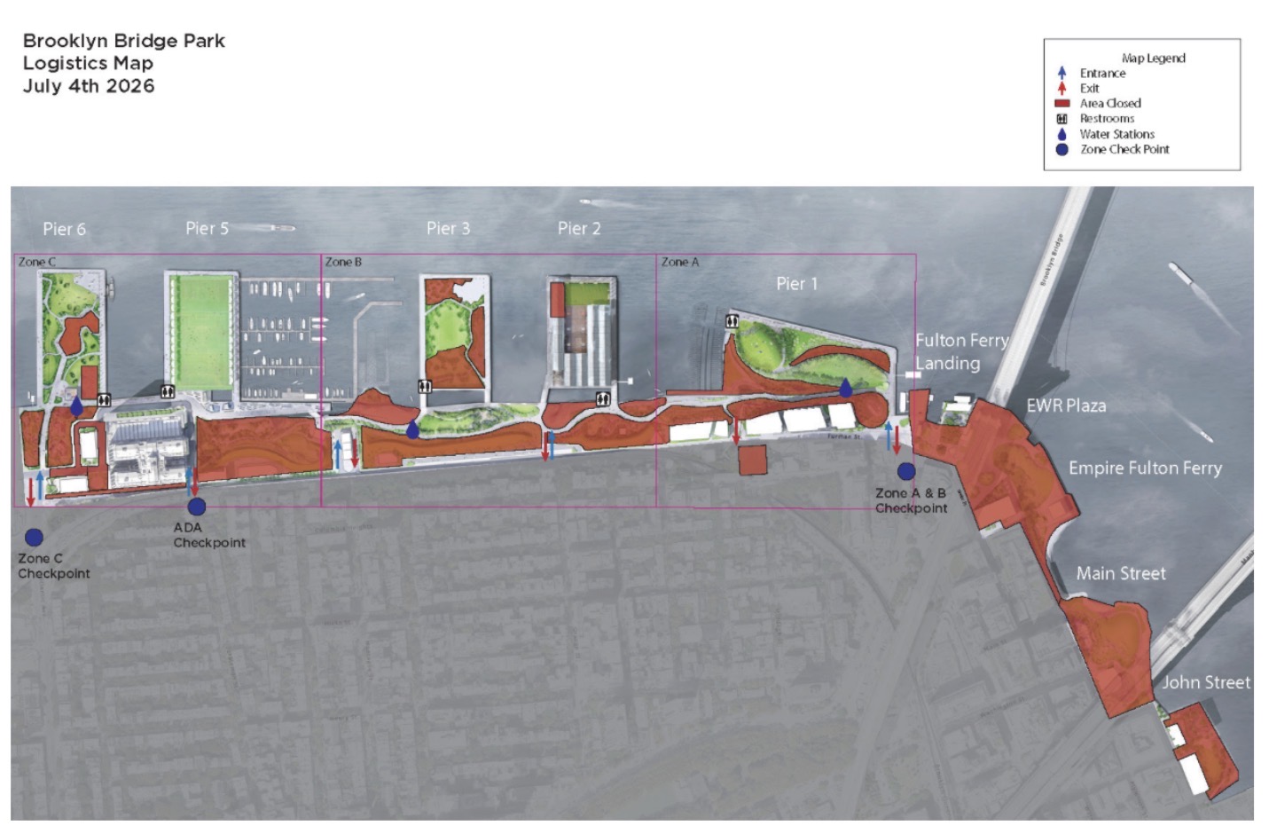 Fireworks viewing zones at Brooklyn Bridge Park. Map: BBP