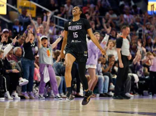 Golden State Valkyries' Tiffany Hayes (15) celebrates her 3-point basket against the New York Liberty in the fourth quarter at the Chase Center in San Francisco, Calif., on Sunday, June 28, 2026. (Nhat V. Meyer/Bay Area News Group)
