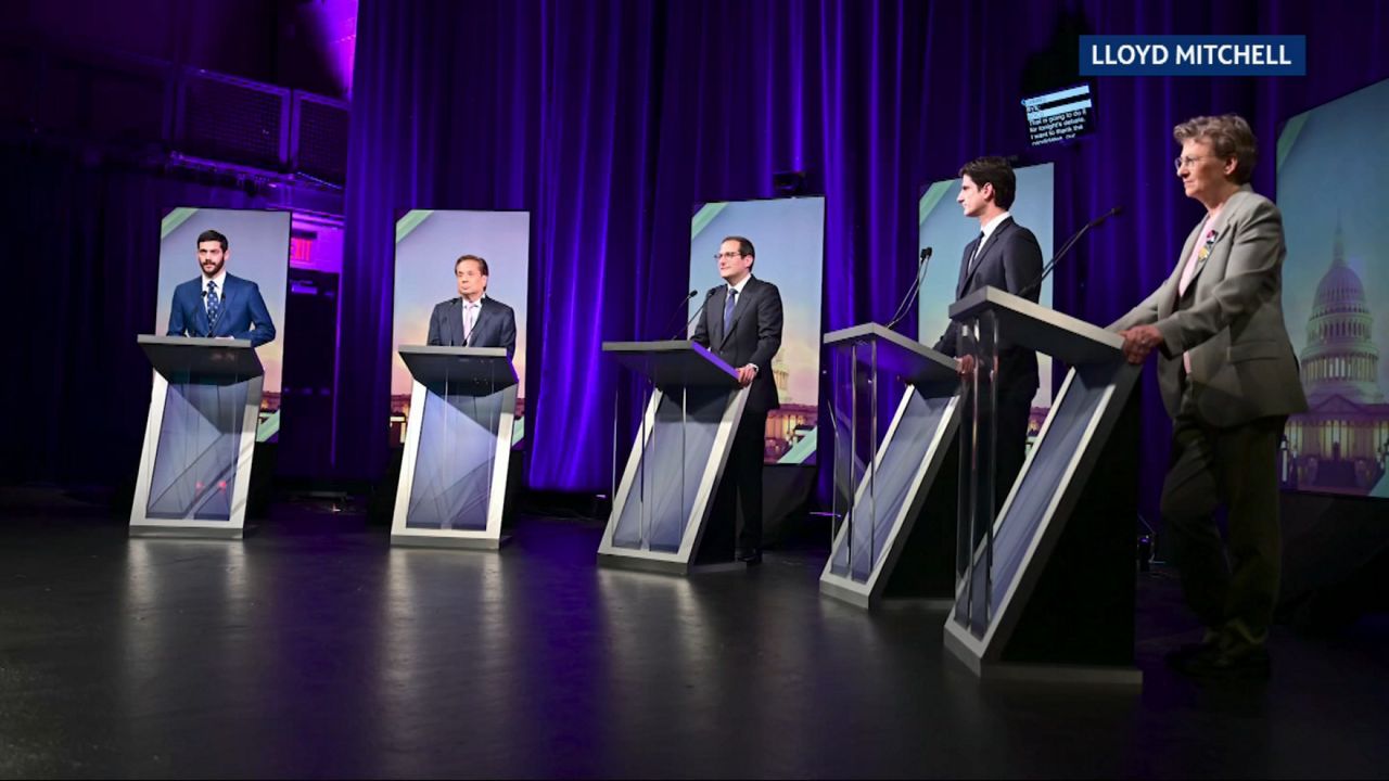 Five leading candidates in the Democratic primary for New York's 12th Congressional District faced off in a debate hosted by NY1 on Tuesday night. (Spectrum News NY1/Lloyd Mitchell)