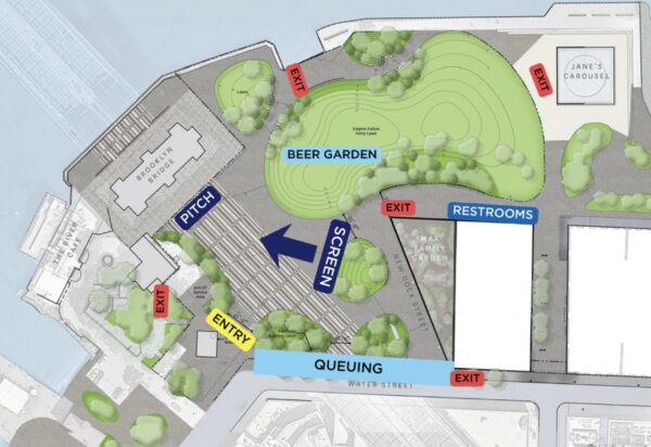 This diagram shows the layout of the adidas “Home of Soccer” Fan Zone in Brooklyn Bridge Park. Map: BBP