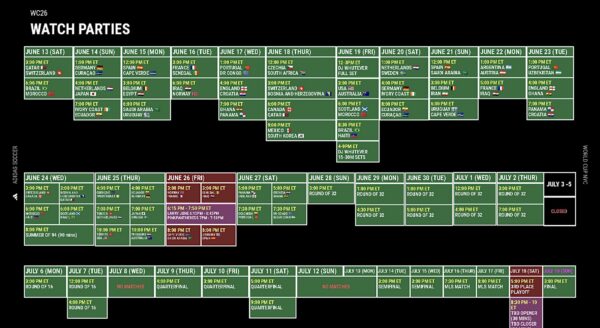 The complete schedule of more than 70 watch parties and performances in Brooklyn Bridge Park during the FIFA 2026 World Cup. Chart: adidas