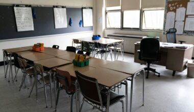 desks in an empty classroom