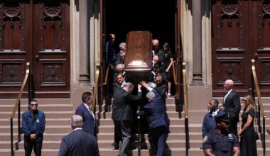 Pallbearers carry the casket after funeral services for Clive Davis at Central Synagogue in New York on Monday, June 29, 2026. (AP Photo/Adam Gray)