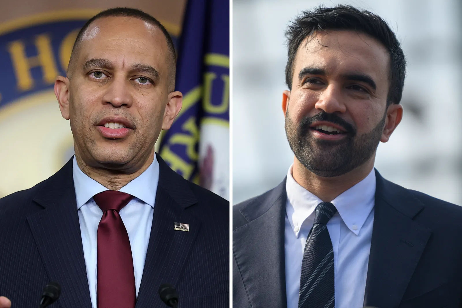 House Democratic Leader Hakeem Jeffries of New York speaks at a press conference in Washington, D.C., on February 18. Then-New York City Mayor-elect Zohran Mamdani speaks during a press conference in Queens on November 5, 2025.