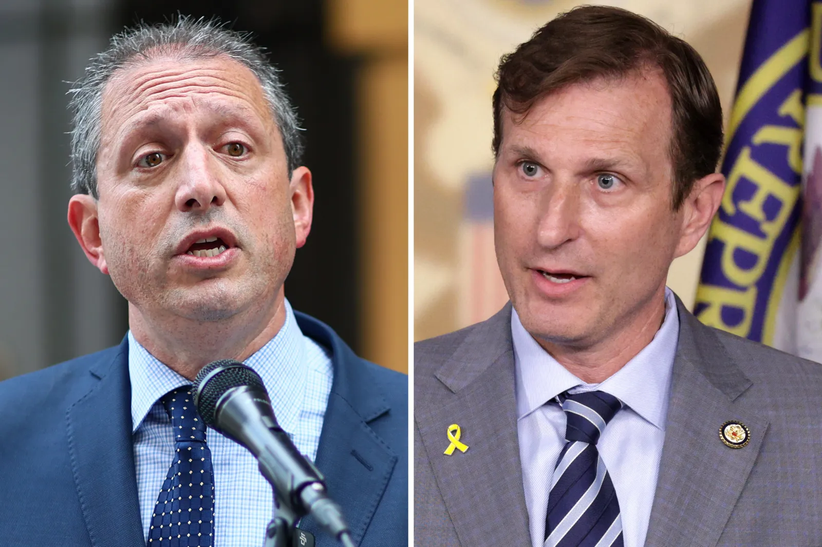 L: Brad Lander speaks in New York City on June 5, 2025. R: Representative Dan Goldman speaks in Washington, D.C., on July 2, 2025.