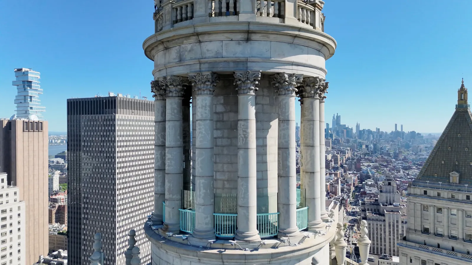An exterior view of the cupola of the Municipal Building.
