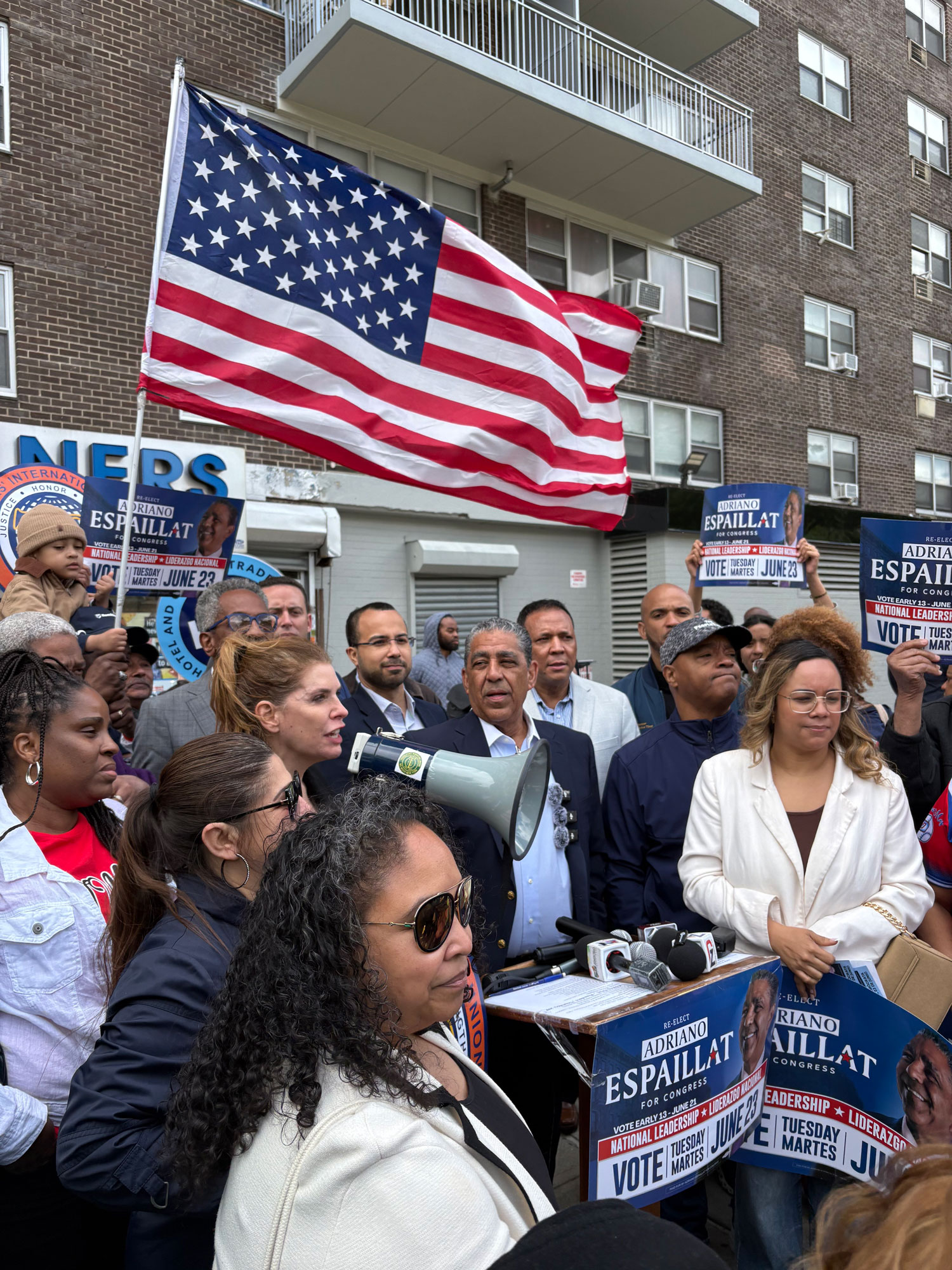 Espaillat held a windy labor rally with elected allies in Harlem.