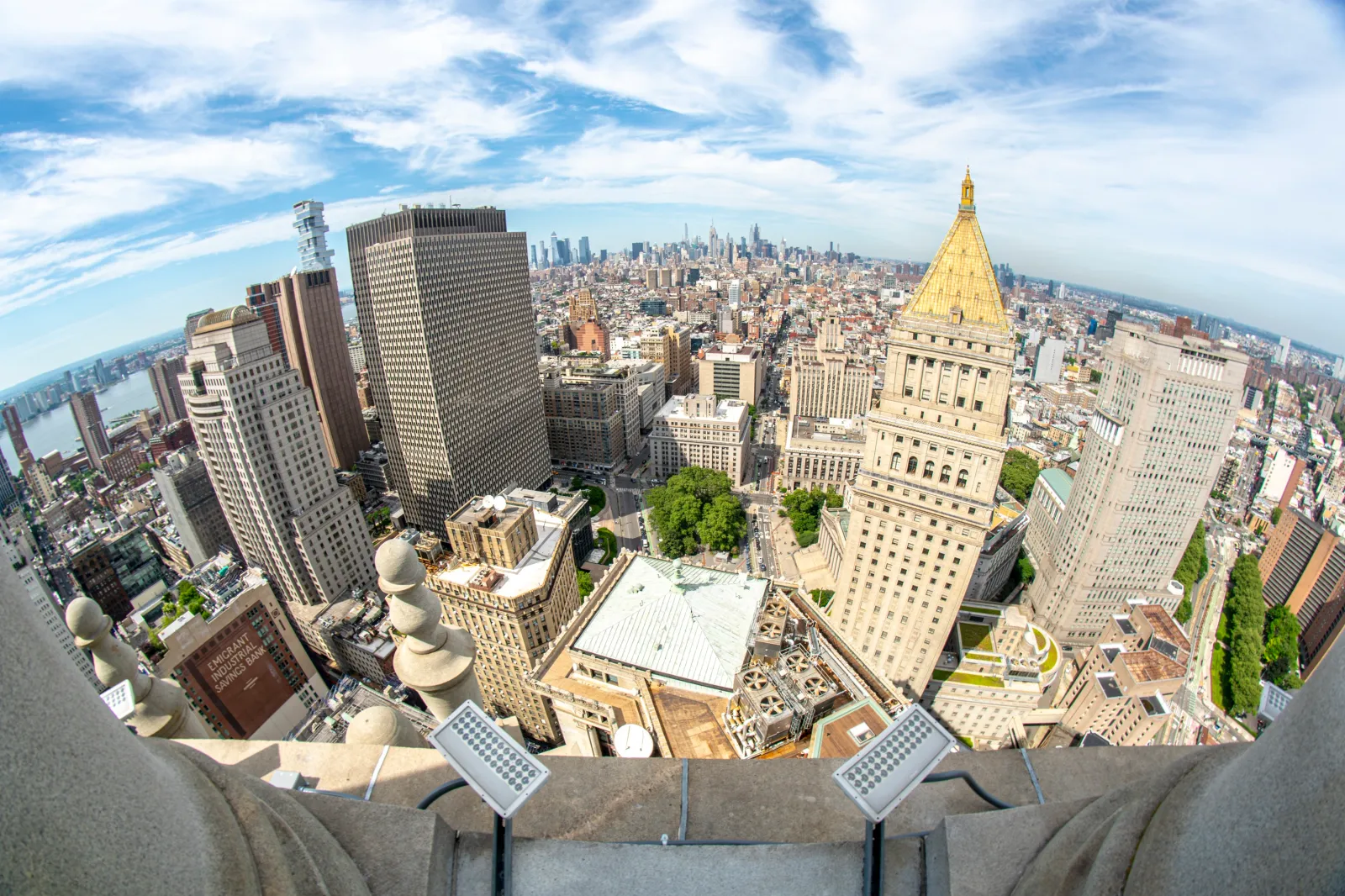 A view looking down over Manhattan from the cupola space.