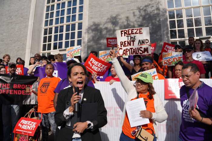 Councilmember and Committee on Housing and Buildings chair Pierina Sanchez speaks in support of Bronx tenants.