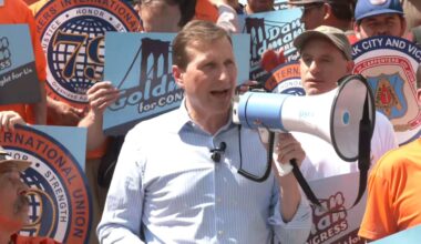 Rep. Dan Goldman was rallying with labor unions on Friday. (Spectrum News NY1)