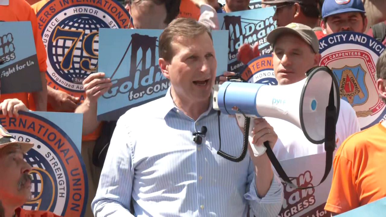 Rep. Dan Goldman was rallying with labor unions on Friday. (Spectrum News NY1)