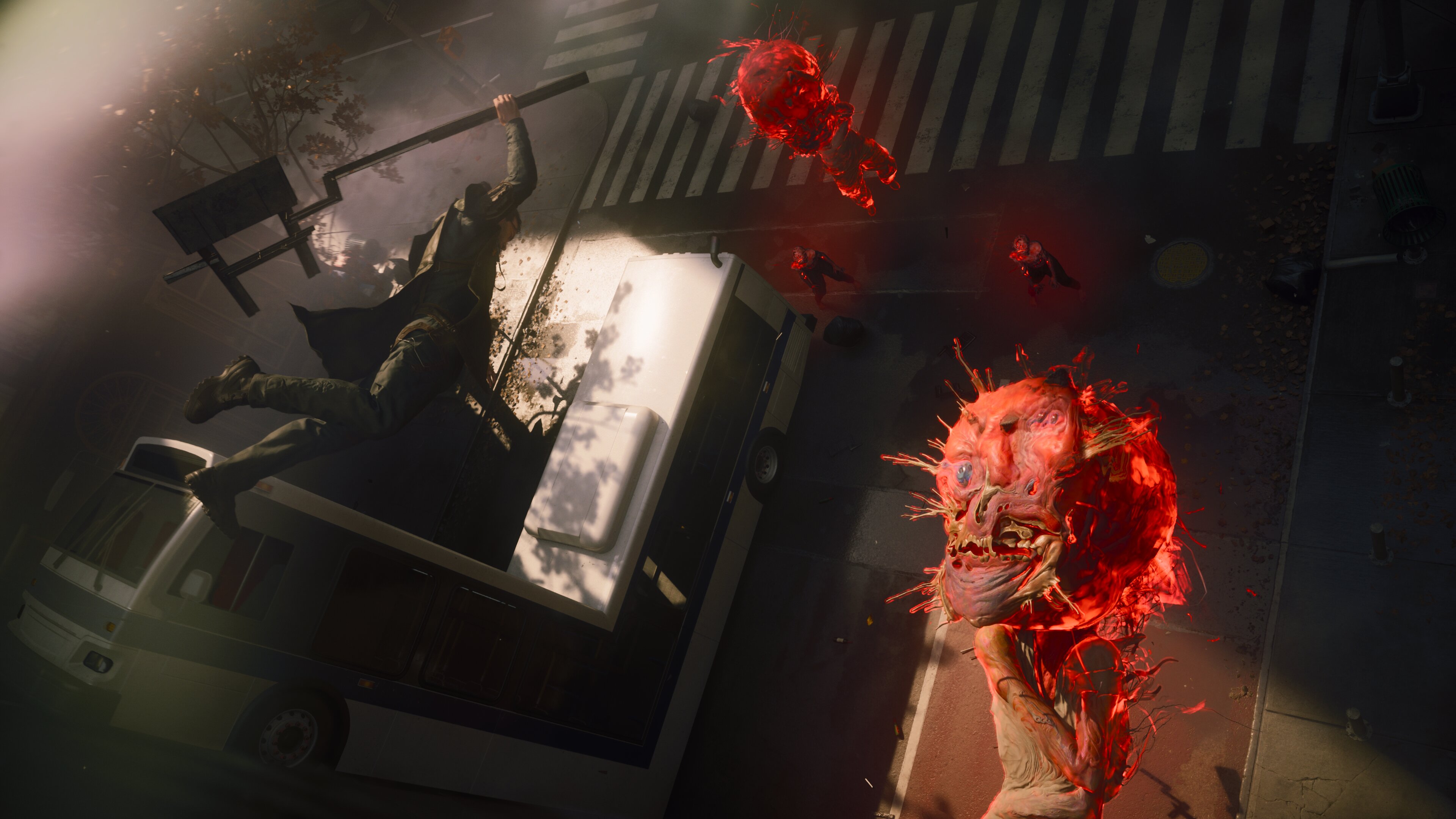 A screenshot from the game Control Resonant showing Dylan Faden, The Hiss, the warped streets of Manhattan, and active combat