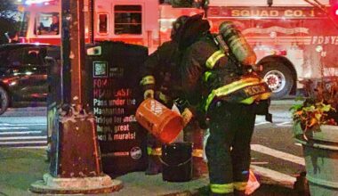 After an NYPD drone crashed in DUMBO last week, firefighters extinguished its smoking battery. Photo: Mary Frost/Brooklyn Eagle