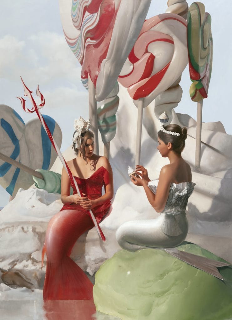 Two mermaids, one in red with a trident and the other in white, converse among giant lollipops in a candy-themed setting.