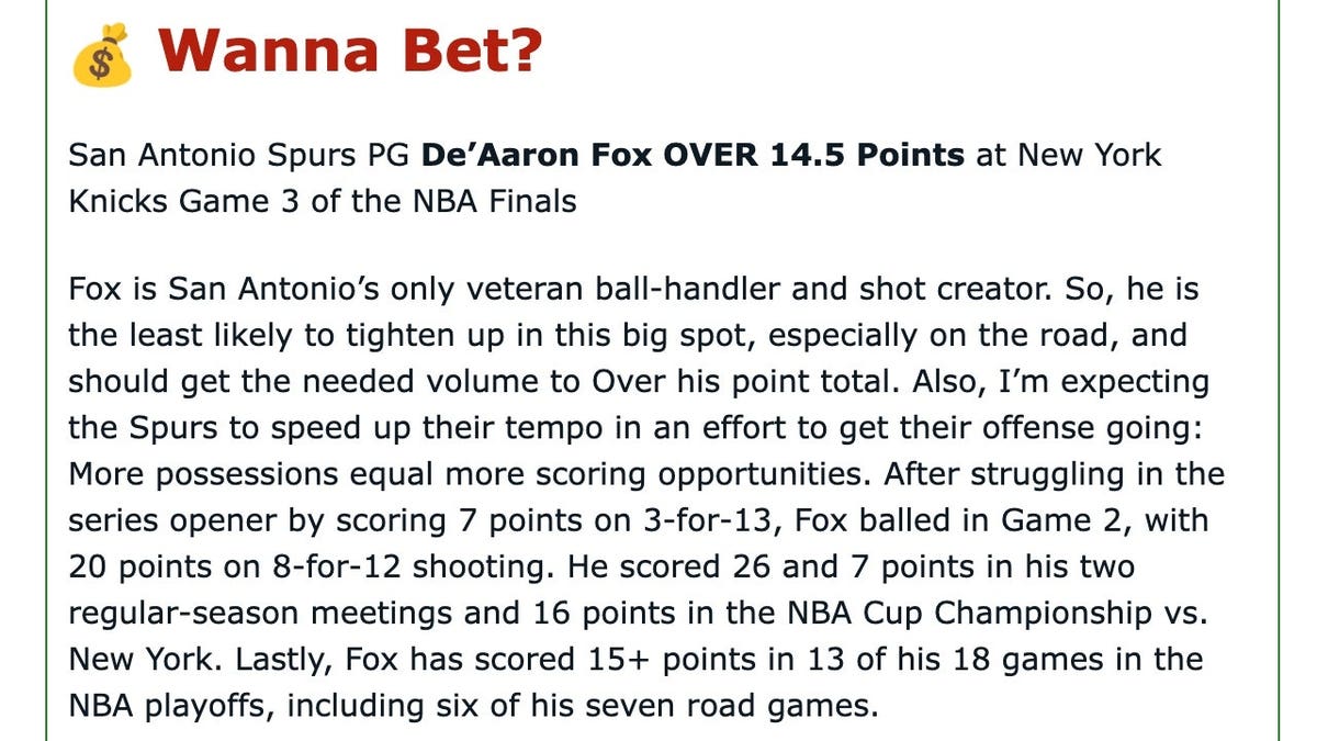 Geoff Clark's analysis for San Antonio Spurs PG De'Aaron Fox's point prop vs. the New York Knicks in Game 3 of the 2026 NBA Finals.
