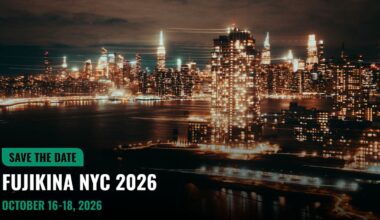 Night view of the New York City skyline with bright city lights. Text reads: "Save the Date. Fujikina NYC 2026. October 16-18, 2026.