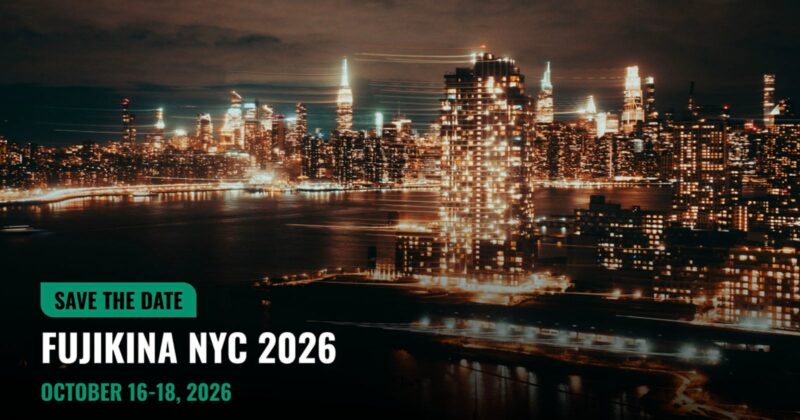 Night view of the New York City skyline with bright city lights. Text reads: "Save the Date. Fujikina NYC 2026. October 16-18, 2026.