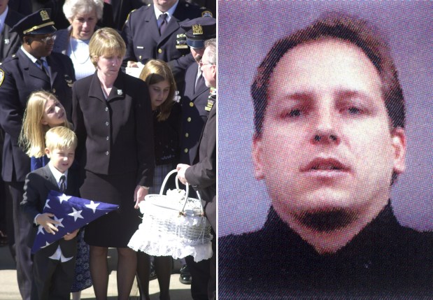 At left, funeral sevices for ESU Police Officer Ronald Philip Kloepfer (right) at St Catherine of Sienna Roman Catholic Church in Franklin Square, Long Island, on Oct. 8, 2001. Pictured are Kloepfer's widow, Dawn, and children, Casey, 4, Taylor, 9, and Jamie, 11. (Willie Anderson / New York Daily News; NYPD)