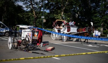 The wreckage of a horse-drawn carriage lies on West Drive in New York's Central Park after a horse went out of control and collided with another carriage before toppling over, according to the Central Park Conservancy, on Wednesday, June 17, 2026.