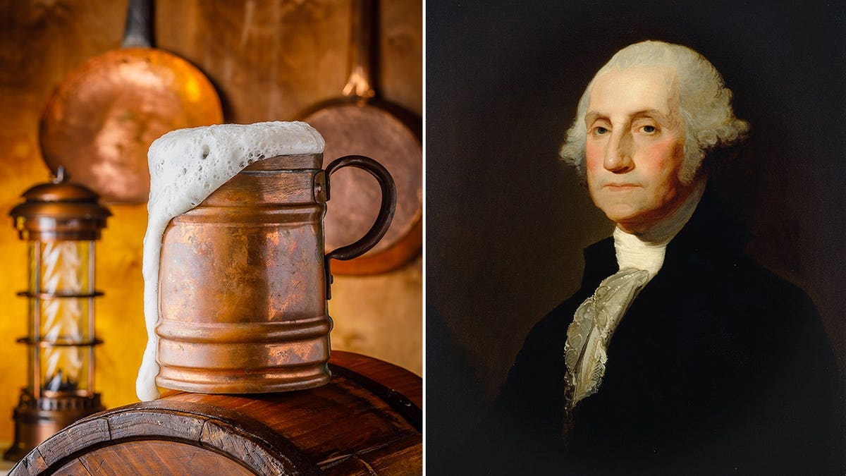 Left, a beer is shown in a copper mug on a barrel. At right is a portrait of George Washington.