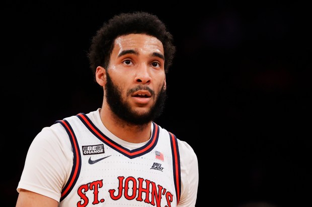 NEW YORK, NEW YORK - MARCH 09: Julian Champagnie #2 of the St. John's Red Storm looks on in the first half during the game against the DePaul Blue Demons during the 2022 Big East Tournament at Madison Square Garden on March 09, 2022 in New York City. (Photo by Tim Nwachukwu/Getty Images)