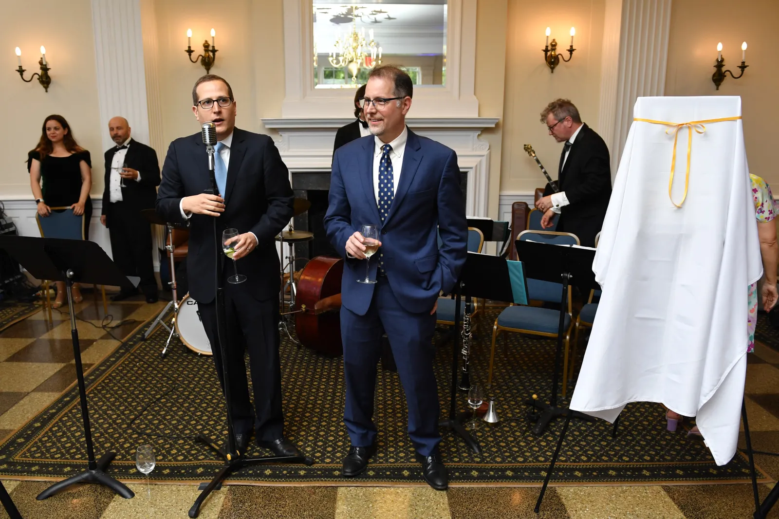 Micah Lasher and Manhattan Borough President Mark Levine speak at the Riverside Park Conservancy Spring Benefit at Sakura Park on June 7, 2022, in New York. (Photo by Noam Galai/Getty Images for Riverside Park Conservancy)
