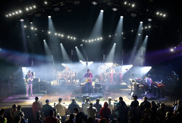 Trevor Weekz, Ben Atkind, Rick Mitarotonda, Jeff Arevalo and Peter Anspach of the band Goose perform at the Ryman Auditorium on March 30, 2023 in Nashville, Tennessee. (Photo by Jason Kempin/Getty Images)