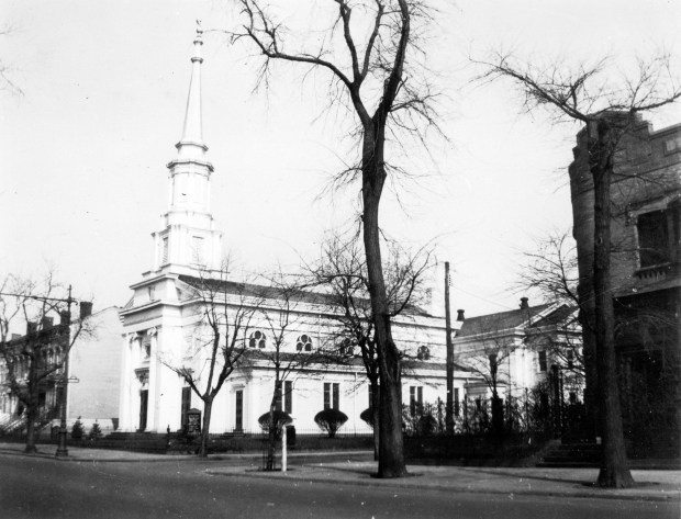 The South Bushwick Reformed Dutch Church is pictured at the northwest corner of Bushwick Ave. and Himrod St. in Brooklyn, New York, in 1923. (Photo by Eugene L. Armbruster/The New York Historical Socity/Getty Images)