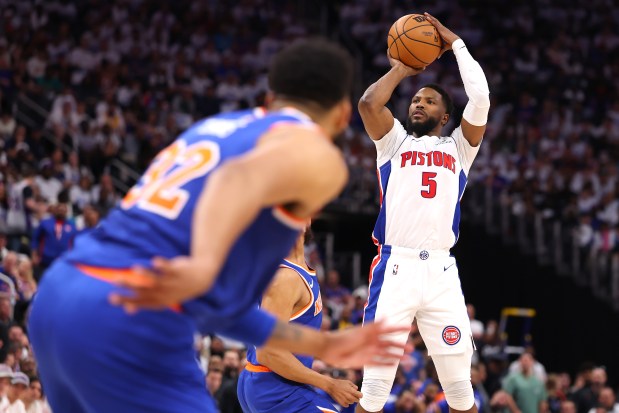 Malik Beasley #5 of the Detroit Pistons shoots the ball during the first half against the New York Knicks in Game Three of the Eastern Conference First Round NBA Playoffs at Little Caesars Arena on April 24, 2025 in Detroit, Michigan.