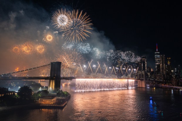 Fireworks light up the sky above the Brooklyn Bridge during the Macy's Fourth of July fireworks show on July 4, 2025 in New York City. (Photo by Adam Gray/Getty Images)
