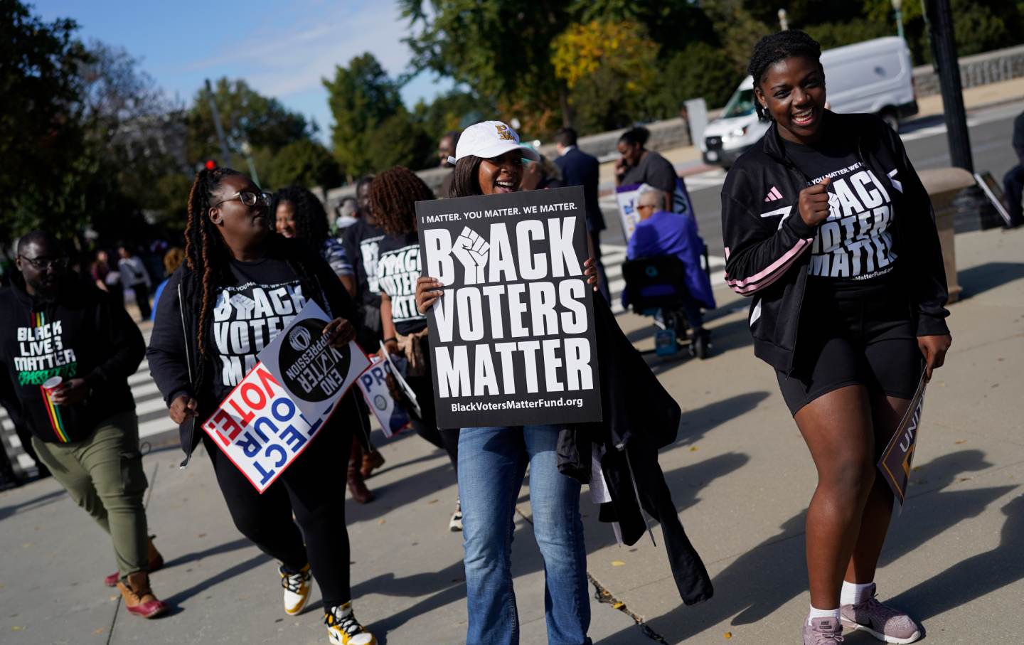 Activists gather in front of the Supreme Court of the United States during the re-argument of Louisiana v. Callais on October 15, 2025, in Washington, DC.