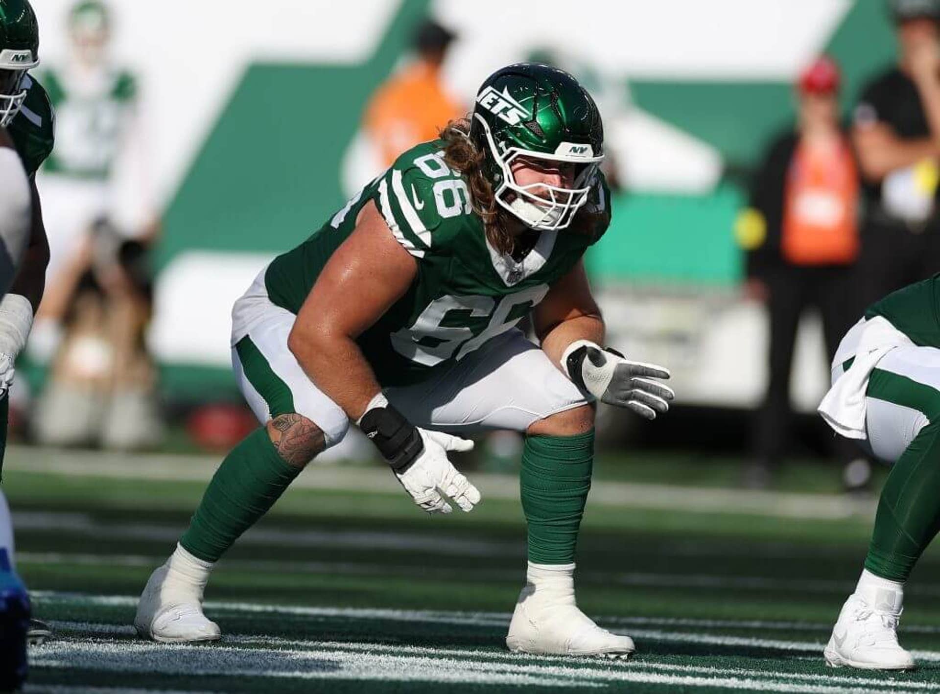 Joe Tippmann of the New York Jets in action against the Carolina Panthers during their game at MetLife Stadium on October 19, 2025 in East Rutherford, New Jersey.