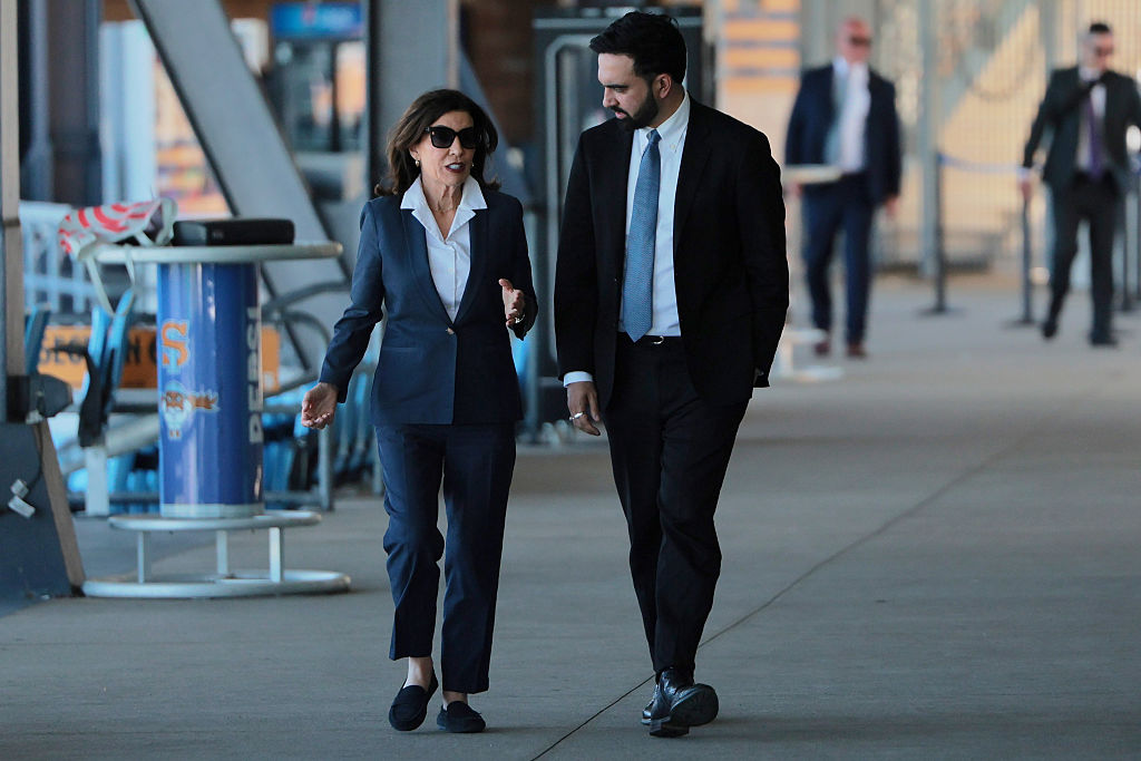 NEW YORK, NEW YORK - APRIL 27: Gov. Kathy Hochul and New York Mayor Zohran Mamdani arrive for a press conference at Staten Island University Hospital Community Park on April 27, 2026 in New York City. Mayor Mamdani was joined by Gov. Hochul, government officials and members of the New York New Jersey FIFA World Cup 2026 Host Committee as they announced NYC will be hosting five free World Cup viewing parties in various parts of NYC. (Photo by Michael M. Santiago/Getty Images)