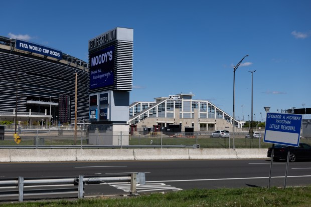 The Meadowlands New Jersey Transit stop is seen in front of MetLife Stadium ahead of the 2026 World Cup at New York New Jersey Stadium on May 1, 2026 in East Rutherford, New Jersey. (Photo by Dustin Satloff/Getty Images)
