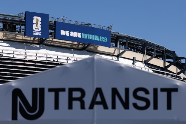New Jersey Transit branding in front of MetLife Stadium ahead of the 2026 World Cup at New York New Jersey Stadium on May 1, 2026 in East Rutherford, New Jersey. (Photo by Dustin Satloff/Getty Images)