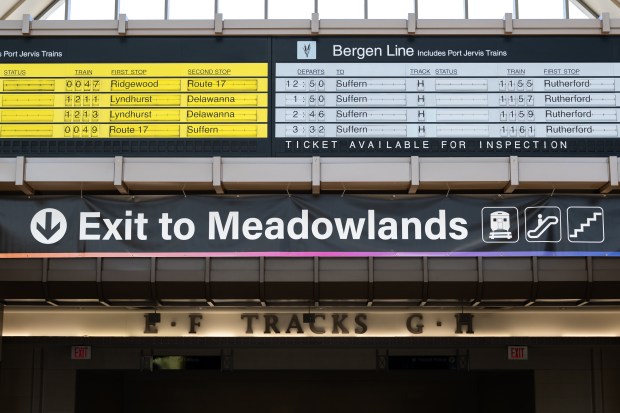 Meadowlands New Jersey Transit signage is seen at Secaucus Junction Station on May 1, 2026 in Secaucus, New Jersey. (Photo by Dustin Satloff/Getty Images)