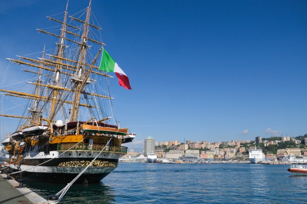 The historic tall ship Amerigo Vespucci is seen in the port of Genoa on May 9, 2026 in Genoa, Italy. The Amerigo Vespucci is expected to arrive in New York on July 4 to take part in the celebrations marking the 250th anniversary of American independence. (Photo by Emanuela Zampa/Getty Images)