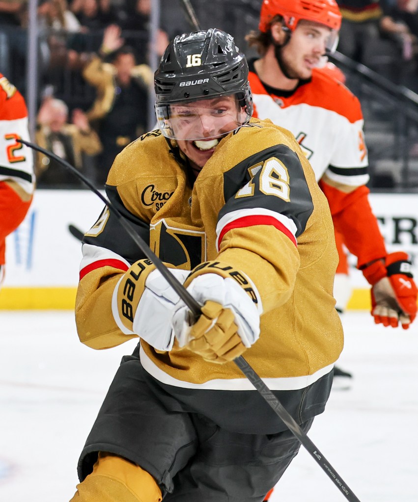 Pavel Dorofeyev #16 of the Vegas Golden Knights celebrates after scoring a goal against the Anaheim Ducks in overtime of Game Five of the Second Round of the 2026 Stanley Cup Playoffs at T-Mobile Arena on May 12, 2026 in Las Vegas, Nevada. 
