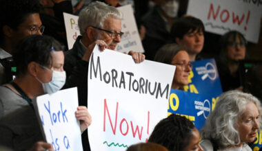 Environmental advocates and lawmakers hold a rally in support of the data center moratorium legislation on May 13 at the Capitol in Albany, N.Y. Credit: Will Waldron/Albany Times Union via Getty Images
