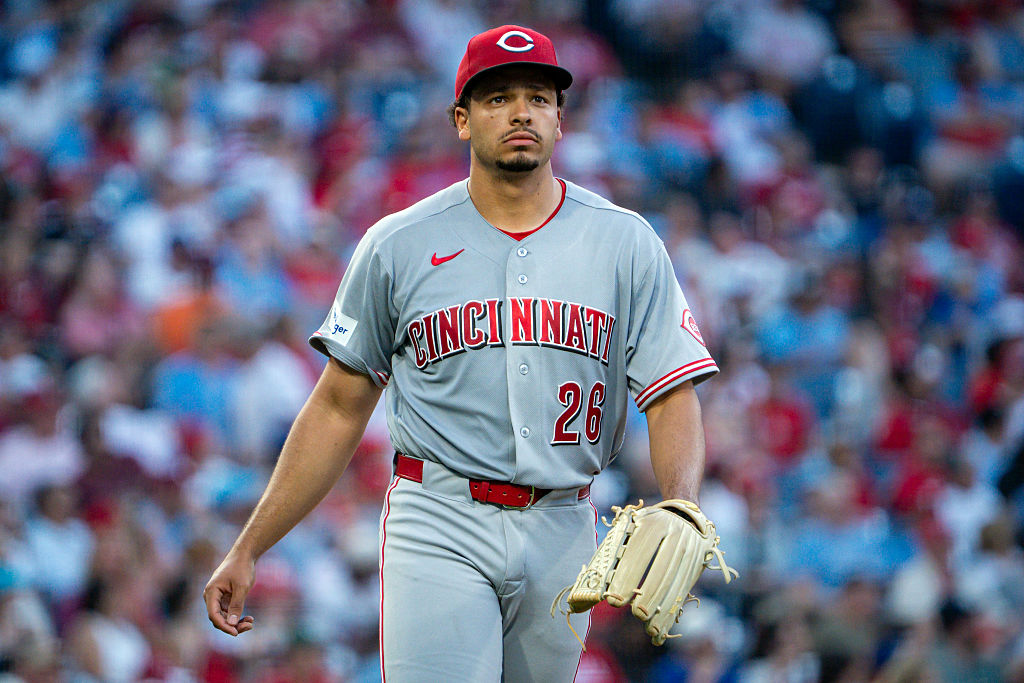PHILADELPHIA, PA - MAY 19: Chase Burns #26 of the Cincinnati Reds looks on during the game between the Cincinnati Reds and the Philadelphia Phillies at Citizens Bank Park on Tuesday, May 19, 2026 in Philadelphia, Pennsylvania. (Photo by Trevor Hayes/MLB Photos via Getty Images)
