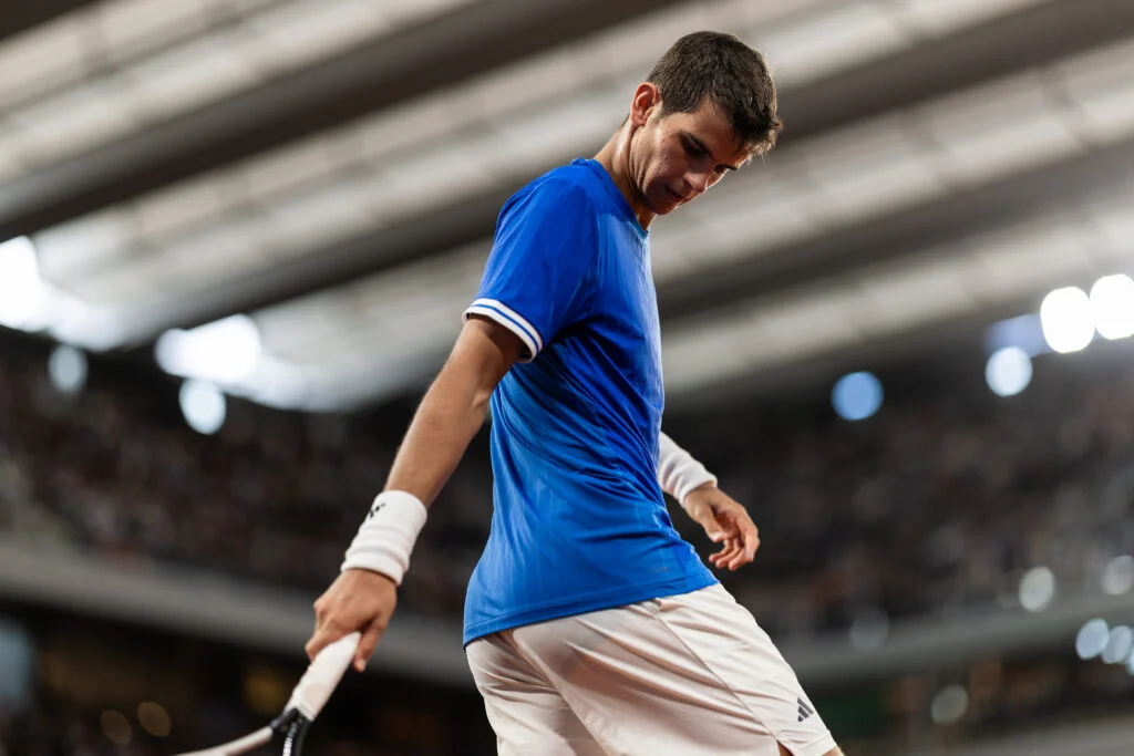 Rafael Jodar reacts during his men's singles match against Alexander Zverev on day 10 of the French Open tennis tournament on Court Philippe Chatrier at the Roland-Garros Complex in Paris, France.