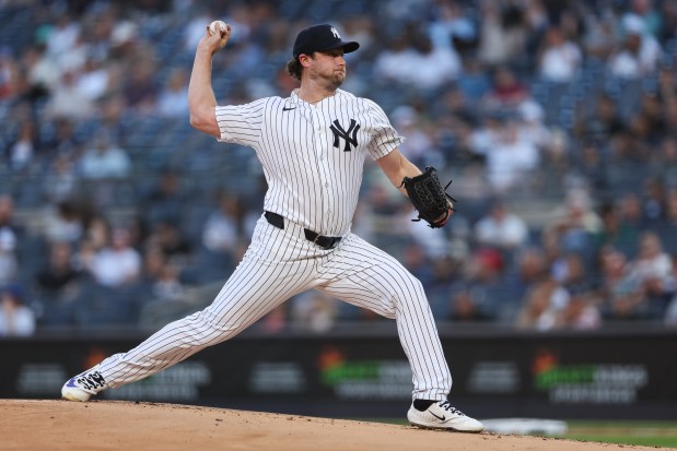 NEW YORK, NEW YORK - JUNE 03: Gerrit Cole #45 of the New York Yankees pitches during the first inning against the Cleveland Guardians at Yankee Stadium on June 03, 2026 in the Bronx borough of New York City. (Photo by Ishika Samant/Getty Images)