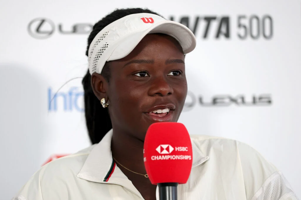 Victoria Mboko speaking in her pre-tournament press conference ahead of the Queen's Club Championships in 2026.